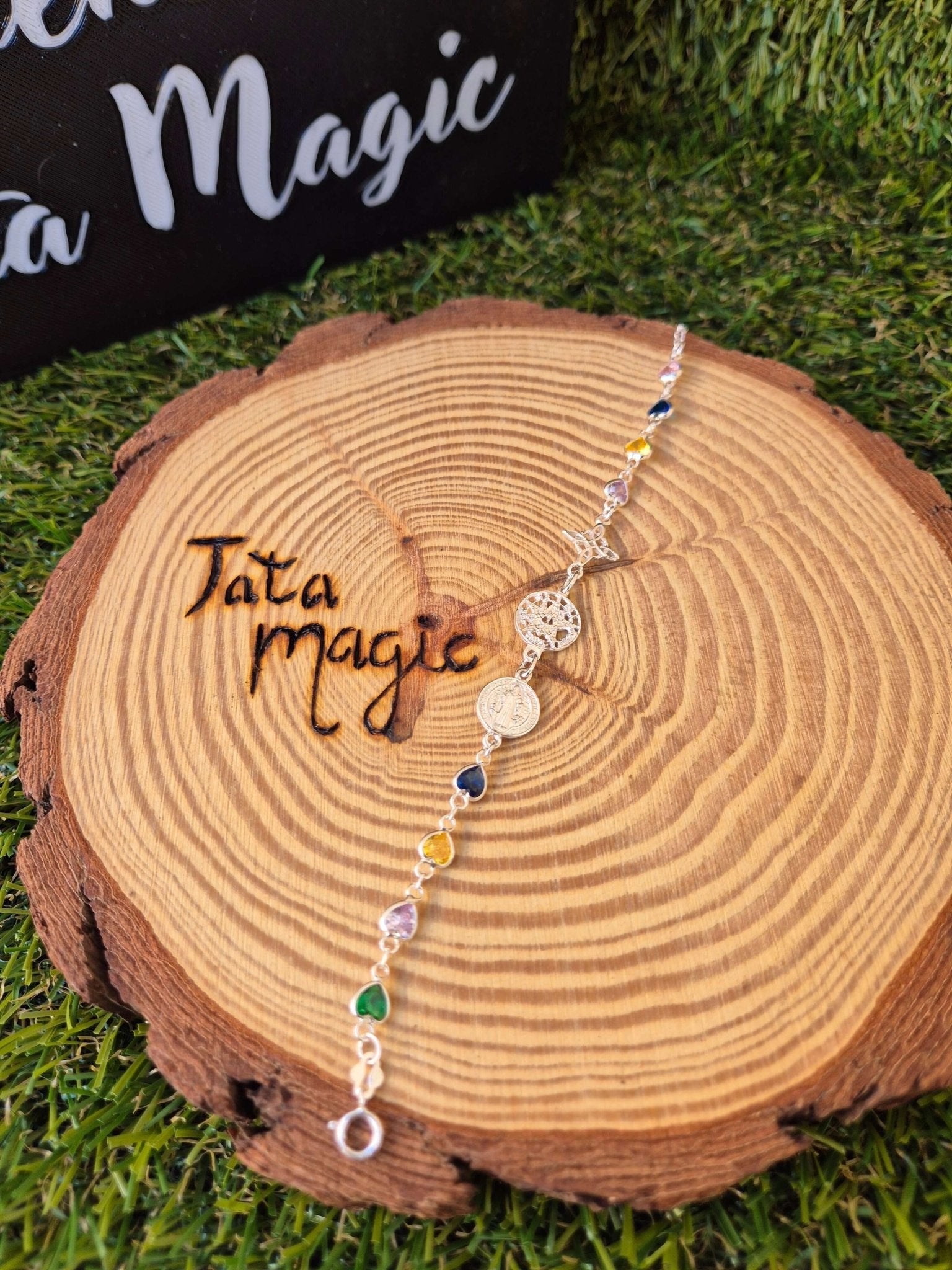 Pulsera Triple Protección con circonitas de colores de corazon en Plata Tienda esotérica Málaga - La Tienda de Tata Magic: tienda Esotérica en Málaga